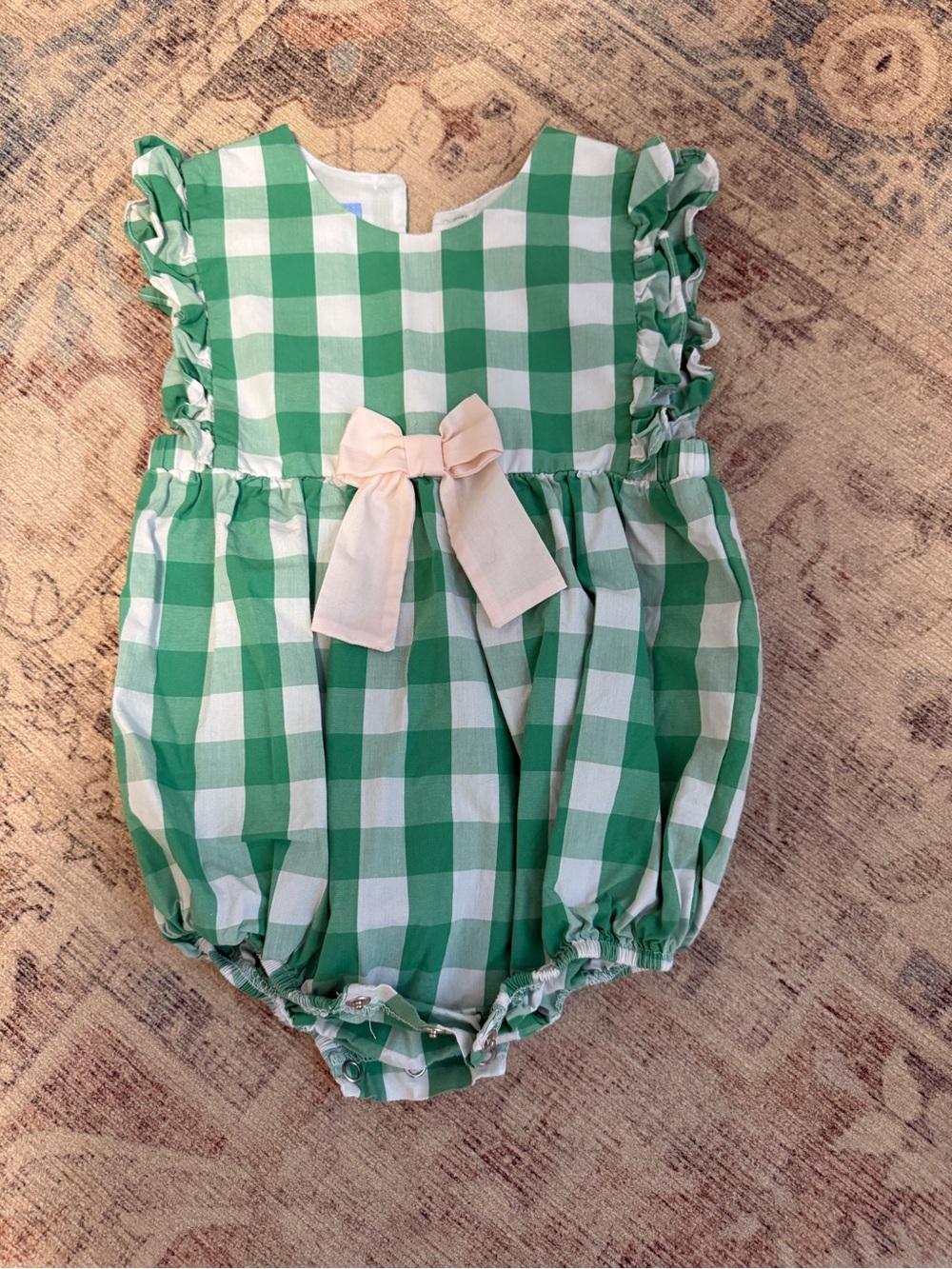 bella bliss Green and White Gingham Bubble Romper with Bow